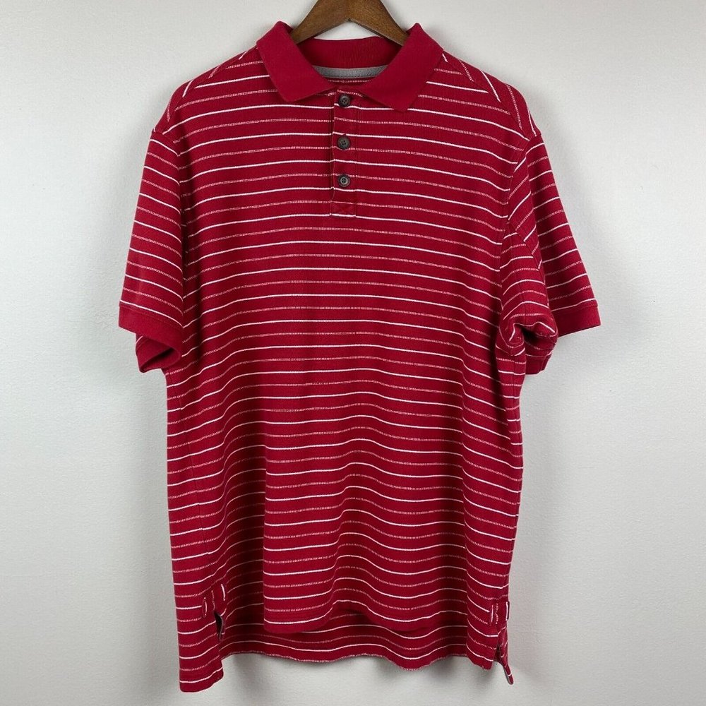 Duluth Trading Company Polo Shirt Large Mens Red Stripe Short Sleeve Longtail L